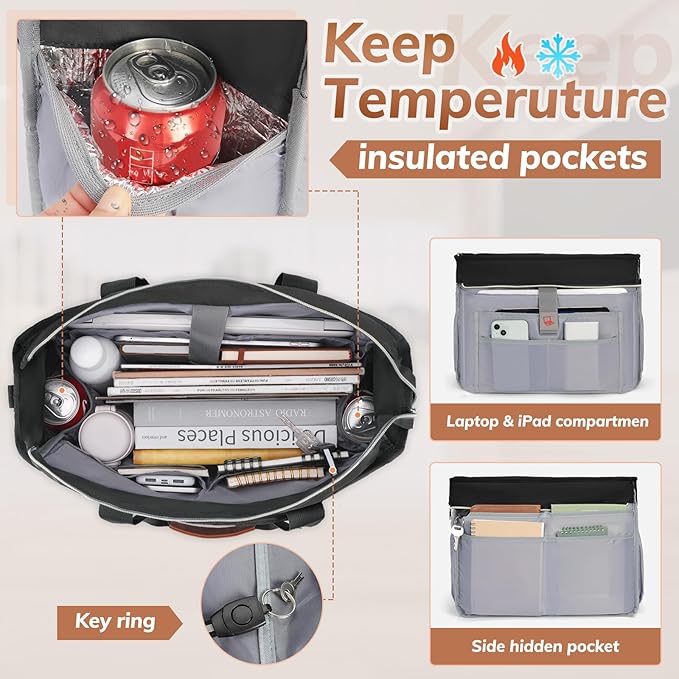 RAINSMORE Teacher Tote Bag for Women Work Bags 15.6 Inch Laptop Tote Bag with Large Cup Holder Nurse Bag Computer Handbag