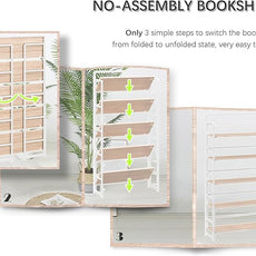 4NM No Assembly Extra Wide 5 Tiers Folding Bookshelf Storage Shelves Vintage Bookcase Standing Racks Study Organizer Home Office (Natural White)