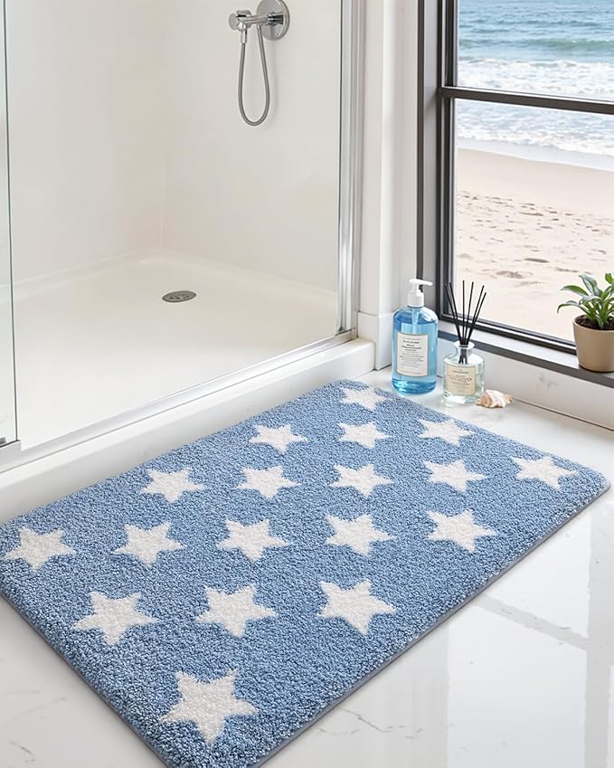 DEXI Star Bathroom Rug, 24x36 Non Slip Washable Bath Mat Absorbent, Ultra Soft Plush Microfiber Bathmat Quick Dry for Shower Floor, Tub, Sink, Light Blue
