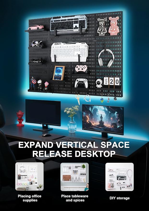 Pegboard Wall Organizer - Modular System for Gaming Setup, Office & Kitchen Storage Solutions Create A Perfectly Structured Space(Black,16″×12″)