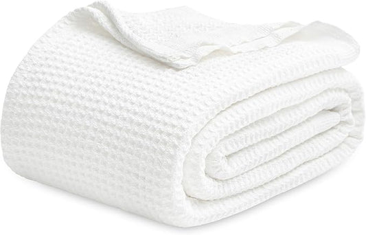 Bedsure Gentlesoft 100% Cotton Blanket Queen Size for Bed - Breathable and Soft, Thick Cozy Waffle Weave Christmas Blanket Gift for Women, White, 90x90 Inches