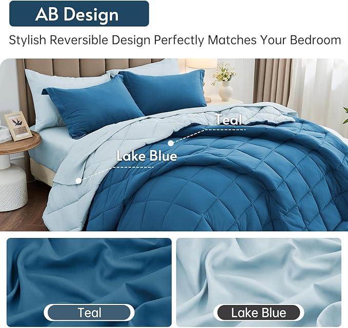 MUXHOMO 7 Pieces King Comforter Set, Reversible Bed in a Bag King Size, All Season Bedding Set with Comforter, Flat Sheet, Fitted Sheet, Pillowcases & Shams, Teal & Lake Blue