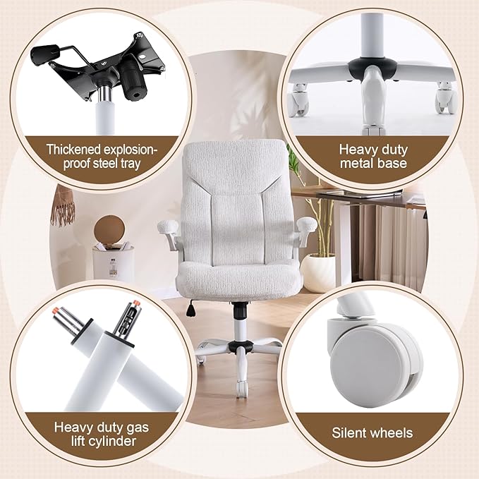 Executive Office Chair, Comfy Fabric Cloth Computer Chair Ergonomic Desk Chairs with Flip-up Armrests, Lumbar Support, 360° Swivel and Rocking Function for Home Office Chairs, White