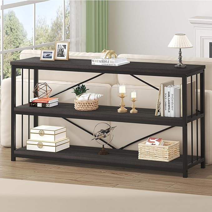 HSH 3 Tier Bookshelf, Wood Metal Low Horizontal Bookcase with Storage, Industrial 3 Tier Long Bookshelves Shelf for Bedroom, Modern Wooden Open Etagere Bookcase for Living Room, Dark Gray, 55 Inch