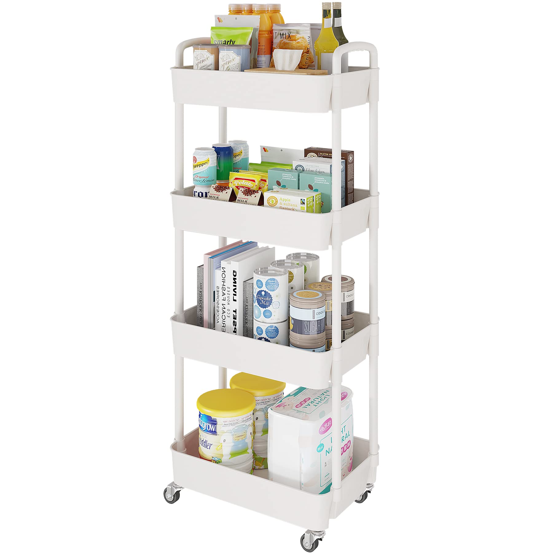Laiensia 3-Tier Rolling Cart with Wheels,Multifunction Utility Storage Carts, Kitchen Storage Organizer,Mobile Shelving Unit for Bathroom,Laundry,with Classified Stickers,White