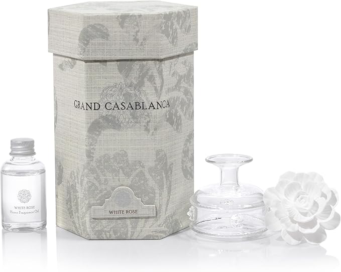 Zodax Grand Casablanca Reed Diffuser - Home Fragrance Oil Diffuser Ideal for Living Room, Bathroom, Office - Porcelain Flower Design - Gift Box Packaging Included - White Rose - 1.69 Oz.