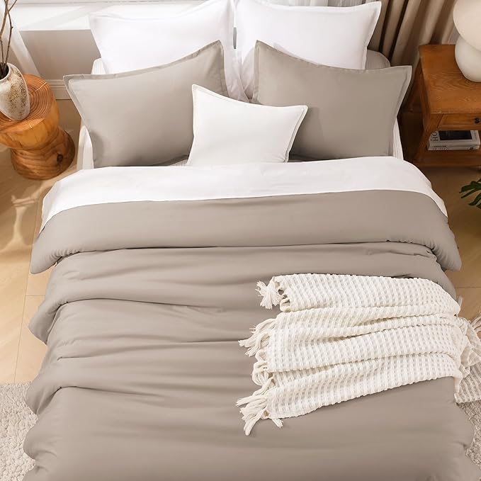 Litanika Light Coffee Comforters Oversized Queen Size, 3 Pieces Lightweight Solid Bedding Comforter Set, All Season Fluffy Bed Set (98x98In Comforter & 2 Pillowcases)