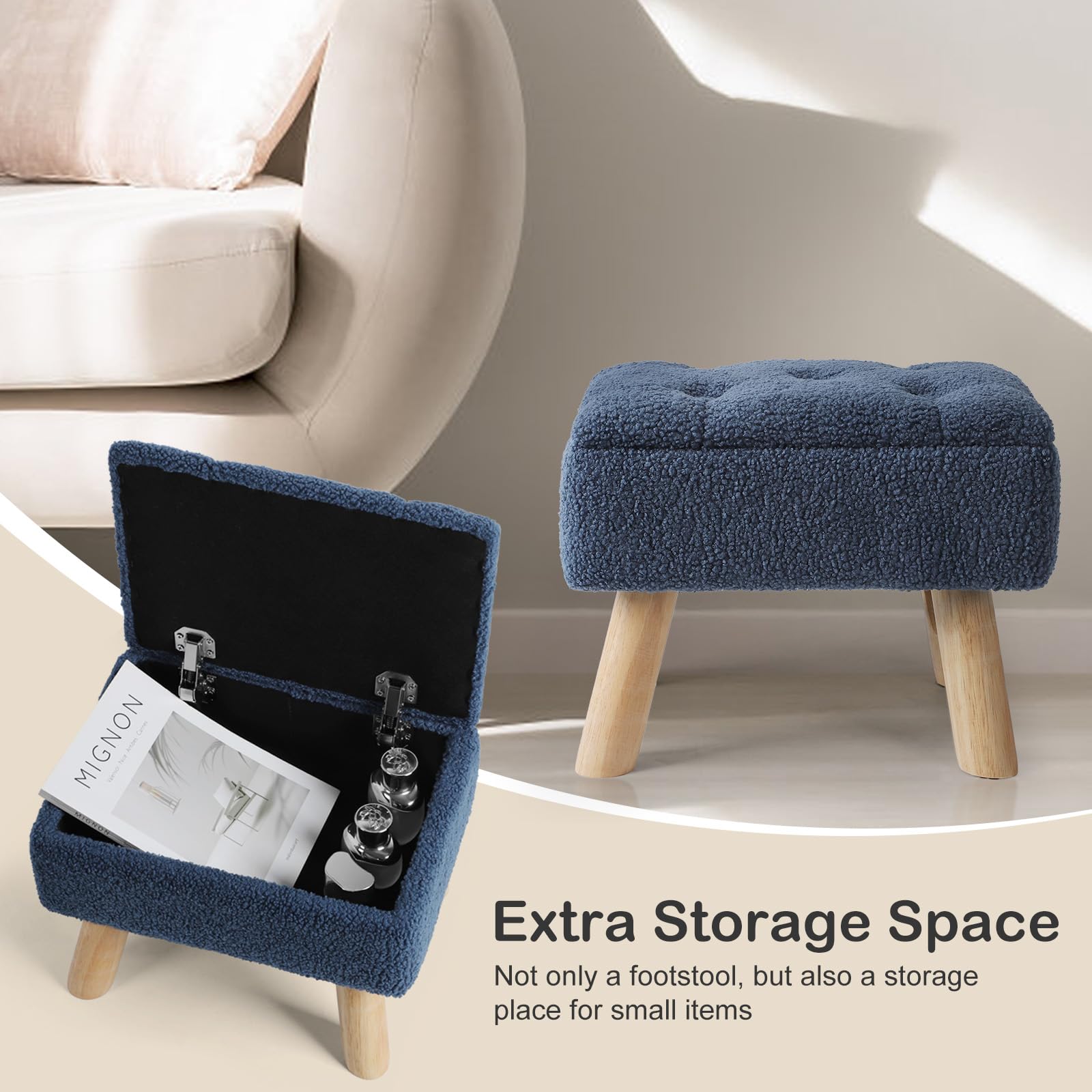 OGEMXU Storage Ottoman, Small Foot Stool Ottoman with Storage, Boucle Teddy Velvet Foot Rest with Padded Seat, Sturdy Wood Legs Stool for Living Room, Bedroom, Couch, Enterway (Cream) Dormly
