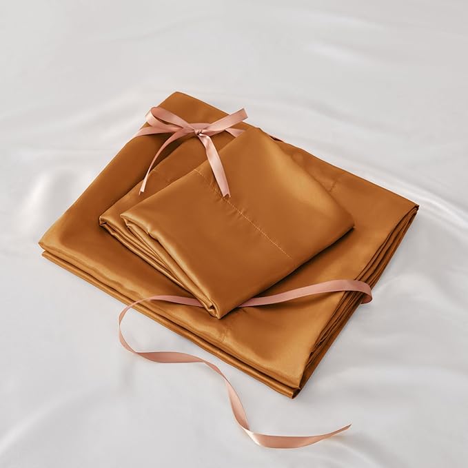 BEDELITE Satin Sheets Twin Size Bed Set, Luxury Soft Burnt Orange Silky Sheets for Hair and Skin, Similar to Silk Bed Sheet Set 3 Pieces with 1 Deep Pocket Fitted Sheet, 1 Flat Sheet, and 1 Pillowcase