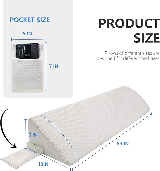Bed Wedge Pillow for Headboard Gap Bed Mattress Gap Filler (0-8") Between Headboard/Wall and Mattress White Full Size Foam Support Triangle Bloster Pillow Stoppers with 2 Pockets