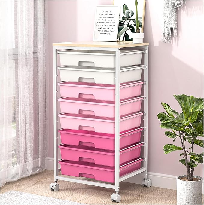 Rolling Cart with Drawers,Storage Cart with 8 Drawers and Wooden Tabletop,Utility Cart for Living Room,Classroom, Bedroom,Bathroom,Dorm,Office,Rose Pink