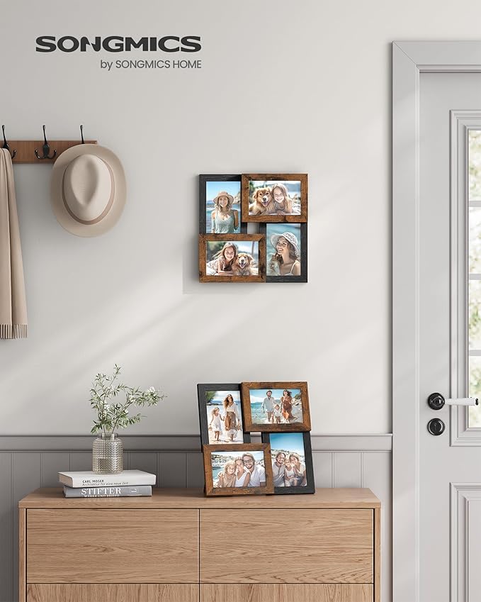 SONGMICS 4x6 Collage Picture Frames, Family Photo Collage Frame Set of 4 for Wall Decor, Glass Front, Wall Hanging or Tabletop, Ash Black and Rustic Brown URPF025K01