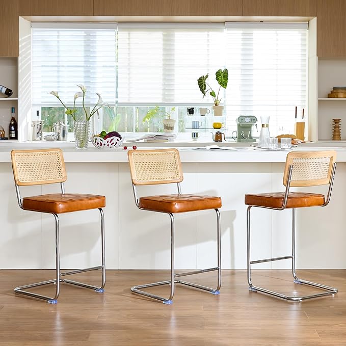 Natural Rattan Bar Stools Set of 3 with Solid Wood Back, 29 Inch Mid Century Modern Counter Height Stools, Brown Faux Leather Upholstery Boho Stool for Kitchen Counter with Chrome Metal Legs