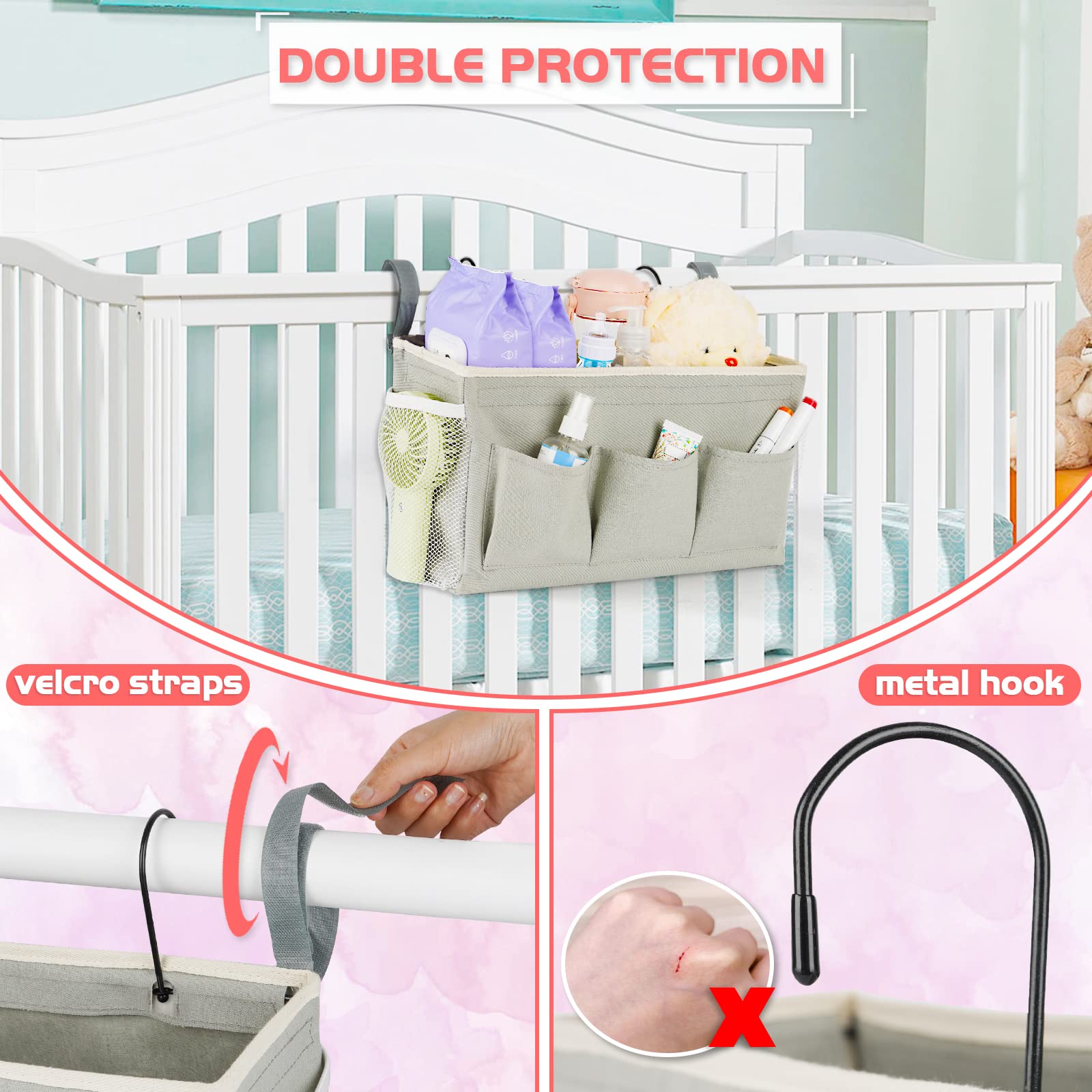 Loghot Bedside Caddy/Bedside Storage Bag Hanging Organizer for Bunk and Hospital Beds,Dorm Rooms Bed Rails,Can be Placed Glasses,Books,Mobile Phones,Keys (Light Pink) Dormly