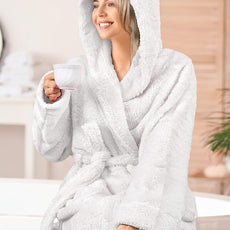 PAVILIA Women Hooded Plush Soft Robe | Fluffy Warm Fleece Sherpa Shaggy Bathrobe