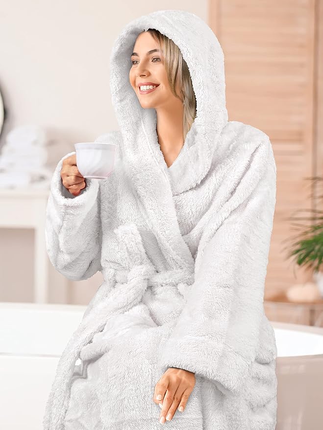 PAVILIA Women Hooded Plush Soft Robe | Fluffy Warm Fleece Sherpa Shaggy Bathrobe