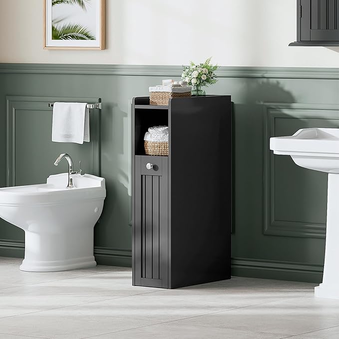 ChooChoo Slim Bathroom Storage Cabinet, Narrow Small Bathroom Organizer with Slide Out Drawer Storage, Toilet Paper Holder, for Small Spaces, Black