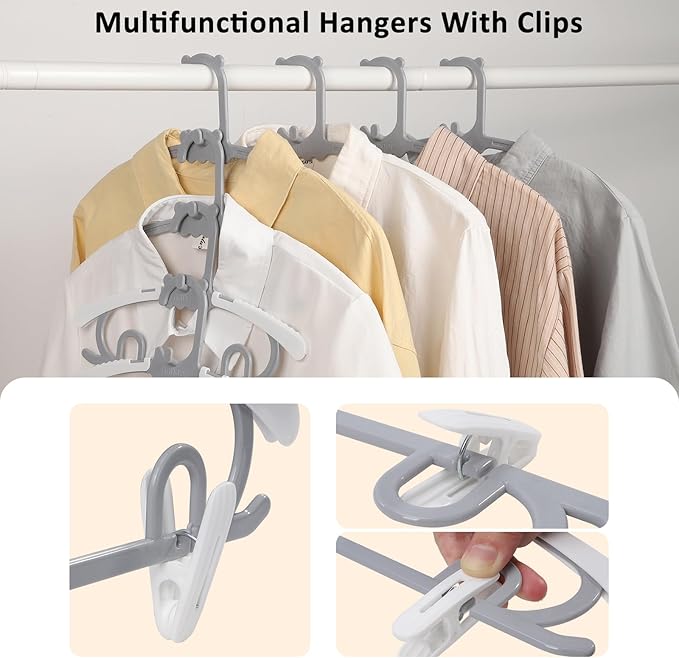 80 Pack Plastic Hangers with 32 Clips, 11-15 inch Adjustable Clothes Hanger, Durable & Non-Slip, Space Saving Coat Hangers for Pants, Jackets and Dress (Grey)
