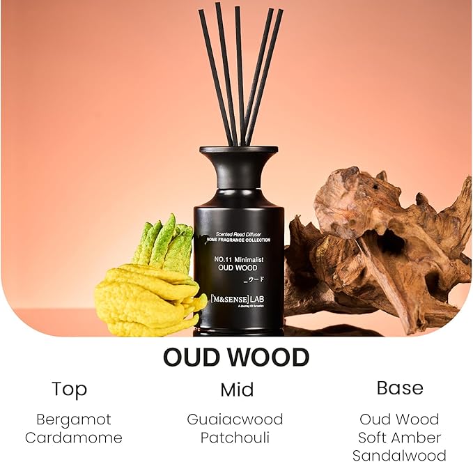 M&SENSE Reed Diffuser Set, 10.14 fl oz Large Reed Diffuser, Oud Wood Scented with Natural Essential Oils, Long Lasting with 7 Sticks, Non-Toxic Home Fragrance Reed Diffuser for Bedroom, Bathroom