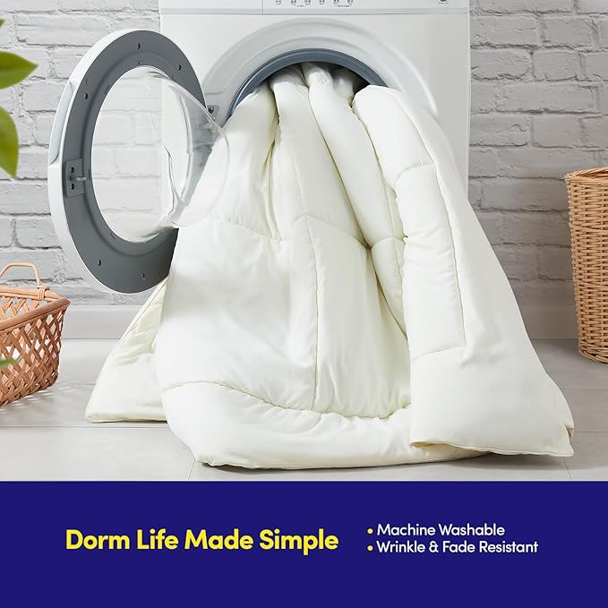 Dorm Room Essentials College Bedding Comforter Set 7 Piece Full Size Bed in a Bag for College Students Boys and Girls, Full, Ivory