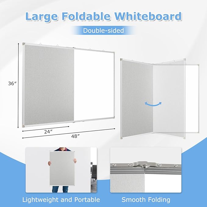 DOLLAR BOSS Foldable Linen Cork Board White Board Combo 48 x 36 in Extra Large Magnetic Whiteboard Dry Erase Bulletin Board Portable Double Sided Aluminum Frame Pin Board for School Office, Grey