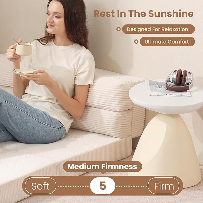Folding Sofa Bed, Convertible Sleeper Chair with Pilow Foldable Matress, 2 in 1 Pull Out Loveseat Sofa Portable Fold Out Chair Bed Floor Couch Lounge for Living Room Bedroom (Beige, Twin)