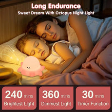 Pink Octopus Night Light,LED Squishy Novelty Animal Cute Lamp, Food Grade Silicone Nightlight, 3 Level Dimmable, Light Up Octopus Decor for Room College Dorm, Boy Girl Gifts