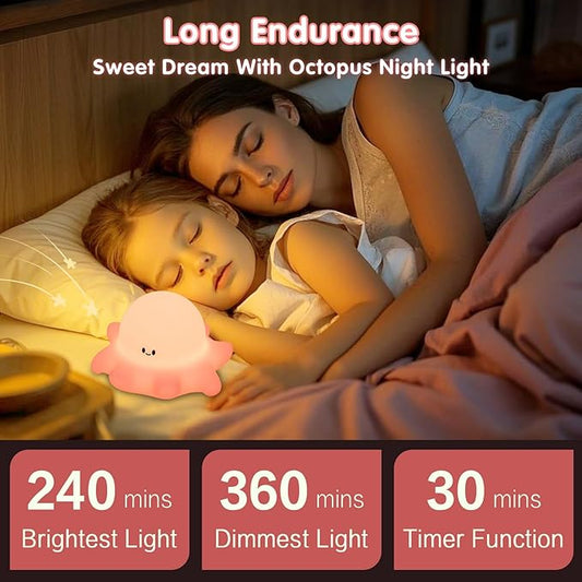 Pink Octopus Night Light,LED Squishy Novelty Animal Cute Lamp, Food Grade Silicone Nightlight, 3 Level Dimmable, Light Up Octopus Decor for Room College Dorm, Boy Girl Gifts