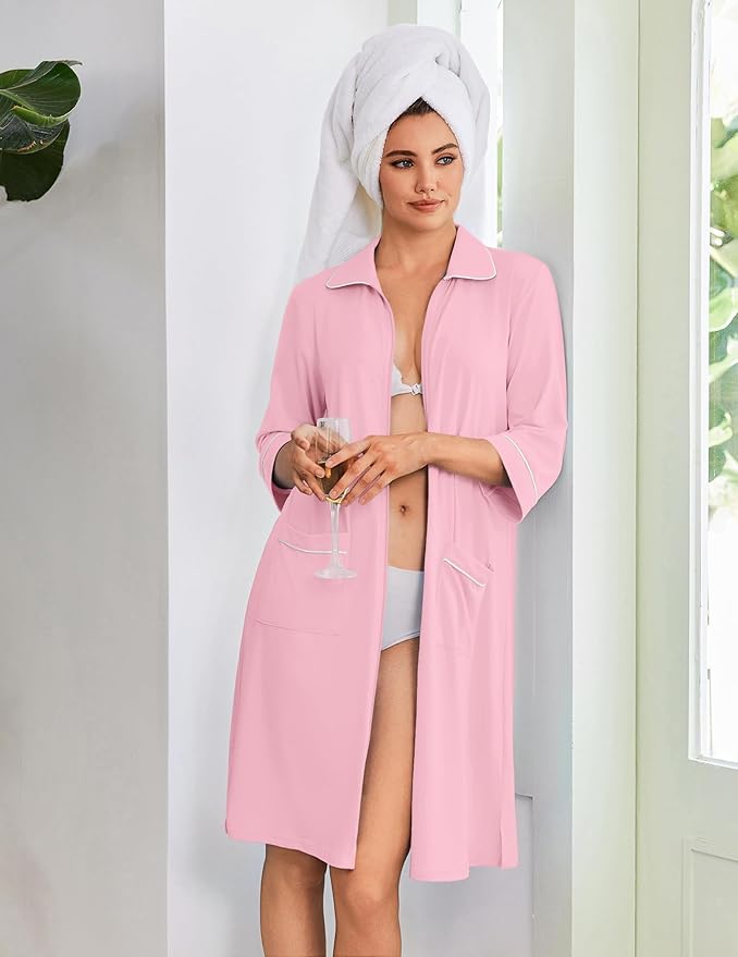 Ekouaer Zipper Robes for Women 3/4 Sleeve Housecoats Knee Length Bathrobe Lightweight Nightgown with Pockets S-3XL