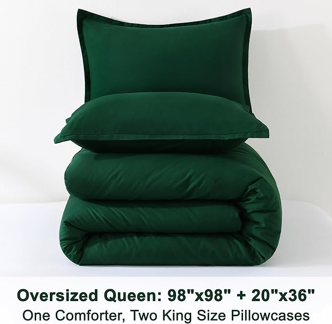 Litanika Comforter Set, Lightweight Solid Bedding Comforter Set, Fluffy Down Alternative Bed Set, Emerald Green, Oversized Queen