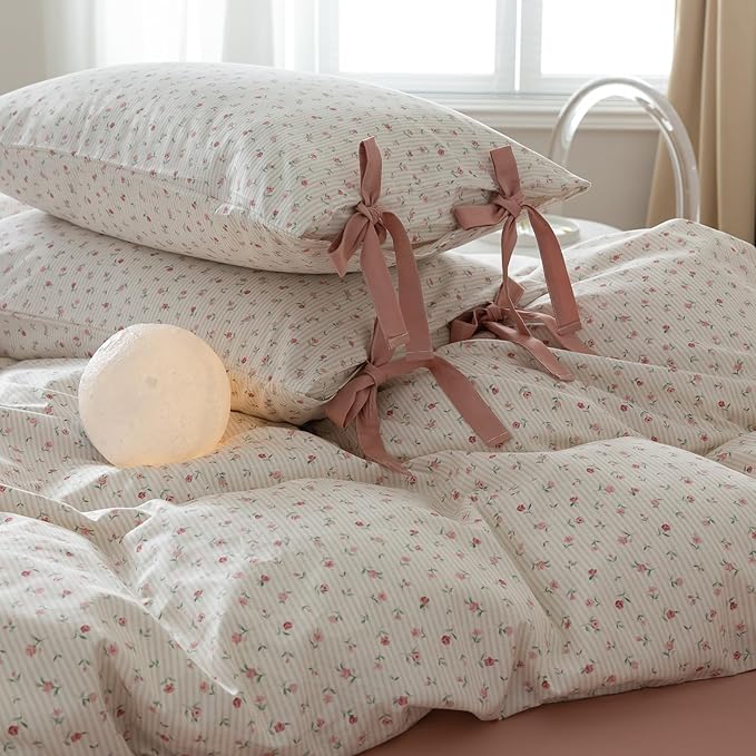 mixinni White Flower Pattern Duvet Cover Queen Cottage Pink Floral Stripes Duvet Cover Set 100% Cotton Bedding Set with Zipper Ties Bowknot Pillowcases, Easy Care, Soft and Breathable-Queen Size