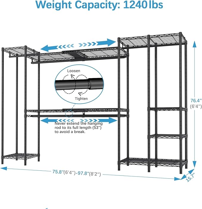 VIPEK X40 Expandable Large Reach-in Closet Rack Adjustable from 6'4" to 8'2'' with Extendable Shelves and Hanger Rods, Walk-in Clothes Rack Mental Freestanding Clothing Racks, Max Load 1240LBS, Black