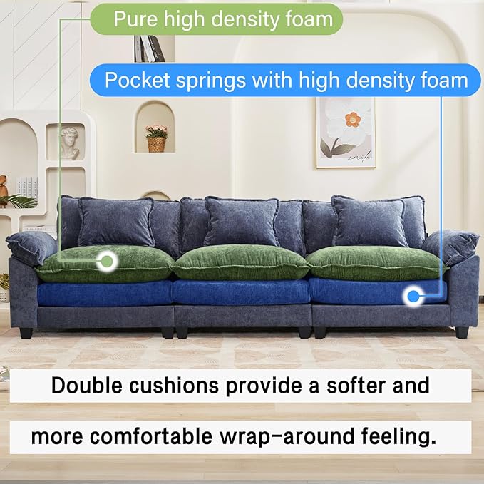 120" Modular Sectional Sofa, Comfy Cloud Couch Sectional, Chenille Sofa Sleeper Deep Seat Sofa with Throw Pillows for Living Room (Blue, 120"- 3 Seater)