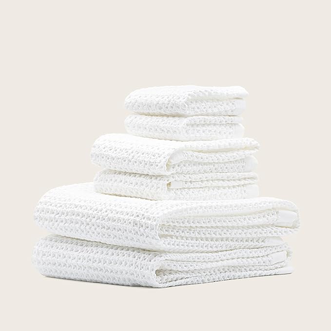 Italic Sedona Waffle Towel Set, 6-Piece 410 GSM 100% Cotton Set Includes 2 Bath Towels, 2 Hand Towels & 2 Washcloths, Quick-Drying, White