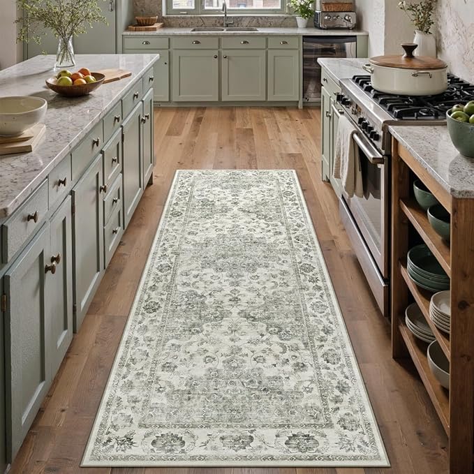 2x5 Washable Neutral Runner Rug Green Vintage Hallway Kitchen Carpet Non-Slip Soft Low Pile Floral Throw Rug for Bedroom Bathroom Laundry Living Room