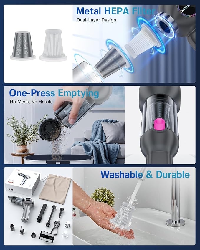 Handheld Car Vacuum Portable Cordless 25000Pa High Power Small Mini Hand Vacuum Cleaner Rechargeable 4-in-1 Wireless Handheld Vac for Car Office Desktop Home Cleaning Ideal Gifts for Men & Women