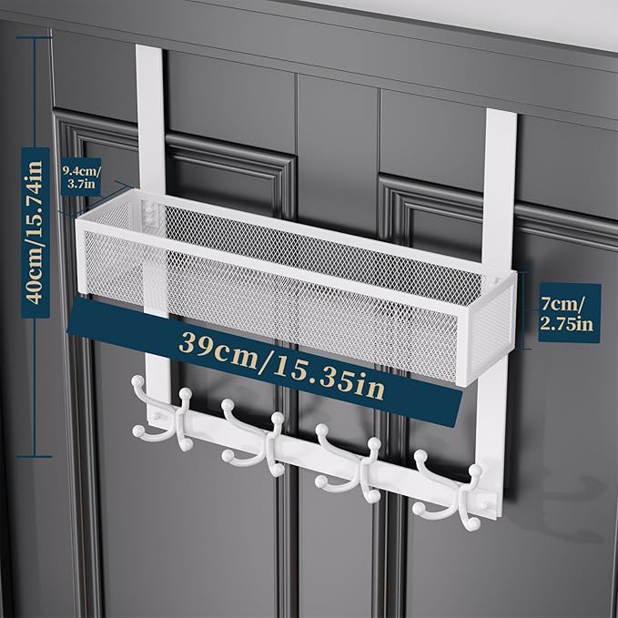Consumest Over The Door Hooks Organizer - Door Hanger with Mesh Basket & 16 Coat Rack Hooks, Back Storage Organizer for Bedroom, Bathroom, Kitchen, Office, White