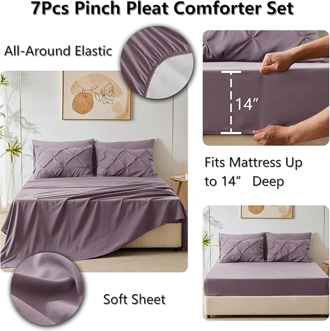 CozyLux King Size Comforter Set Grayish Purple, 7 Pieces Bed in A Bag Purple Comforter King Size, Pinch Pleat Bedding Set with All Season Comforter, Sheets, Pillowcases & Shams