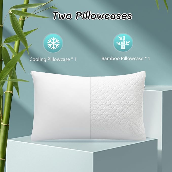 Shredded Memory Foam Pillows for Sleeping, Adjustable Pillows King Size Set of 2, Good for Side, Back Sleeper with Washable Cooling Cover