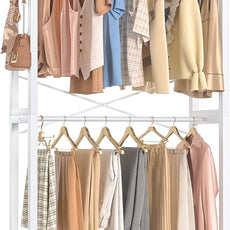 Homykic Bamboo Clothes Rack with Shelves and Double Hang Rods, Portable Closet System Garment Rack for Hanging Clothes, Tall Clothing Rack Corner Closet Organizer, Easy to Built, Freestanding, White