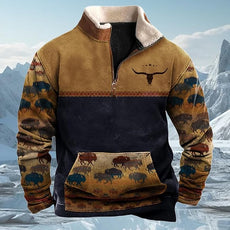 Western Sweatshirts for Men Aztec Cowboy Vintage Graphic Fleece Hoodie Mens Quarter Zip Pullover Country Jacket