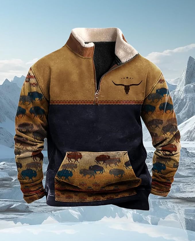 Western Sweatshirts for Men Aztec Cowboy Vintage Graphic Fleece Hoodie Mens Quarter Zip Pullover Country Jacket