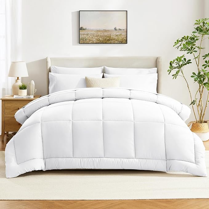 CozyLux Twin Comforter Set with Sheets White, 5 Pieces Bed in a Bag, White Comforter Twin Size, All Season Bedding Set with Stitch Quilted Comforter, Flat Sheet, Fitted Sheet, Pillowcases