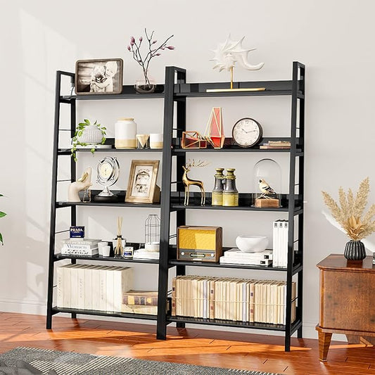 Himimi Black Ladder Bookshelf, 5 Shelf Bookcase Industrial Bookshelf Wood and Metal Bookshelves, Plant Flower Stand Rack Book Storage Shelves for Living Room, Bedroom, Home Office (2 PCS)