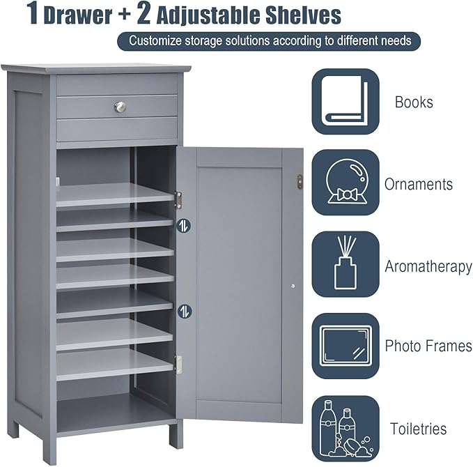 Tangkula Bathroom Floor Cabinet, Wooden Side Storage Cabinet, Freestanding Single Door Bathroom Cabinet with Large Drawer & 2 Adjustable Shelves for Living Room Kitchen (Grey)
