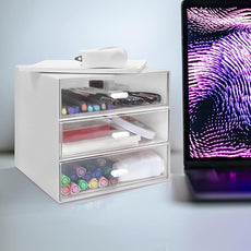 Desk Organizer with Drawer, Desk Storage Box, Plastic Office Stationery Supplies Organizers, Desktop Organizer for Office School Home (3 drawer, White)