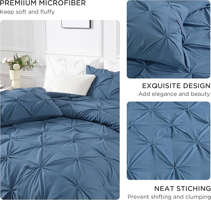 Andency Ocean Blue Queen Comforter Set, 3 Piece All Season Decorative Pintuck Bedding Comforter & Sets, Ocean Blue Soft Microfiber Lightweight Washable Bed Set for Queen Size Bed