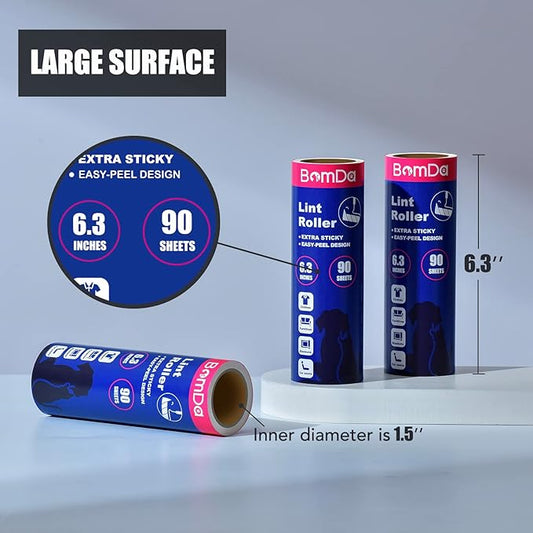Extra Sticky Large Surface Lint Roller, 6.3'' Giant Lint Roller for Pet Hair, 270 Sheets/ 3 Refills, Long Handle Lint Remover for Clothes, Furniture, Dog & Cat Hair Remover (720 Sheets)