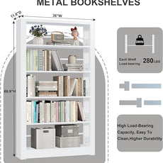 White Bookshelf, 5 Tier Tall Bookshelf, Metal Bookshelves and Bookcases with Adjustable Shelves, Large Bookshelf Open Display Shelves with for Study, Office, Corner (69
