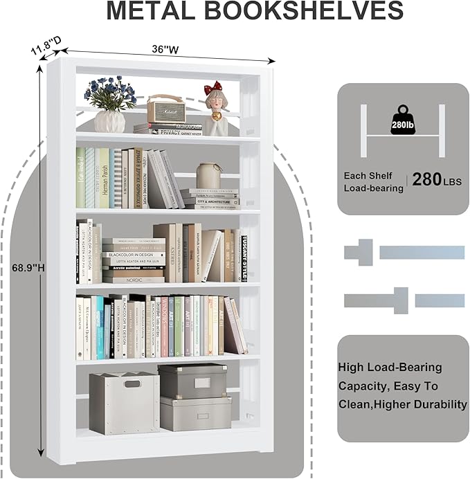 White Bookshelf, 5 Tier Tall Bookshelf, Metal Bookshelves and Bookcases with Adjustable Shelves, Large Bookshelf Open Display Shelves with for Study, Office, Corner (69" H)